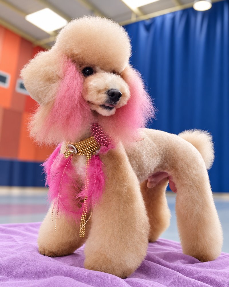 Caniche con corte de competición y color rosa, trabajo de ZAUNK